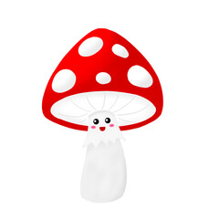 Cute cartoon character fly agaric or amanita mushroom. Mushroom with red hat with white dots. Kawaii funny amanita. Illustration