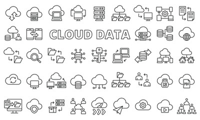 Cloud data icon set in line design. Data, Storage, Upload, Download, Server, Backup, Files vector illustrations. Editable stroke icons. - obrazy, fototapety, plakaty