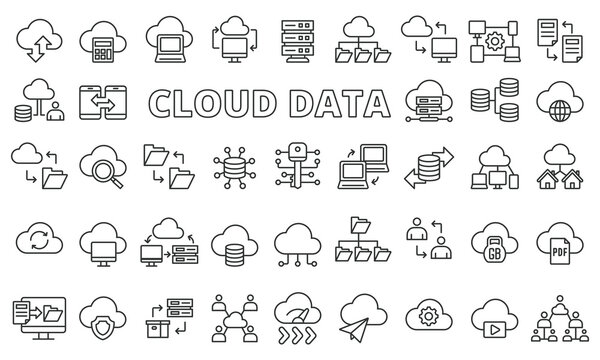 Cloud data icon set in line design. Data, Storage, Upload, Download, Server, Backup, Files vector illustrations. Editable stroke icons.