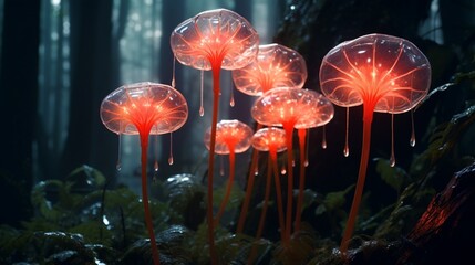 A group of Radiant Rafflesia flowers in various stages of bloom, each emitting a mesmerizing light.