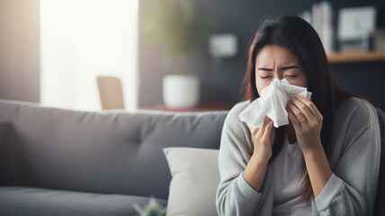 sick young woman with flu blowing nose at home - obrazy, fototapety, plakaty