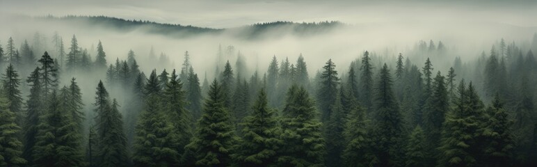 Forest background with fog around trees, dark green panorama. Walpaper background. gernerative ai