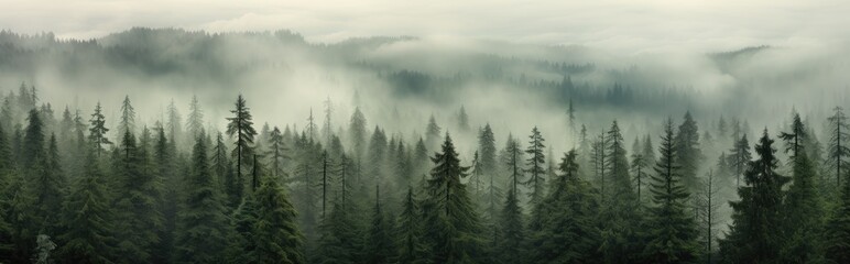 Forest background with fog around trees, dark green panorama. Walpaper background. Panorama gernerative ai
