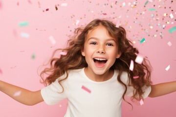 celebrate wonderful festive party laugh smile happiness young girl enjoy dance with confetti paper shoot against on color paper backdrop