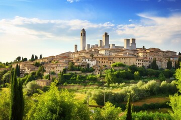 View of San Gimignano, an ancient Italian town. Generative AI - obrazy, fototapety, plakaty