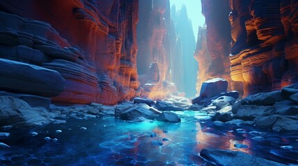 A hidden canyon adorned with enormous, iridescent crystals that refract and scatter the light in a...