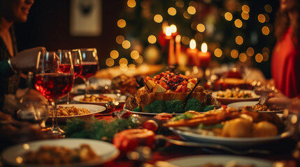 Luxury christmas dinner table, people are gathered and enjoy full of dishes, snacks and wine glasses - obrazy, fototapety, plakaty