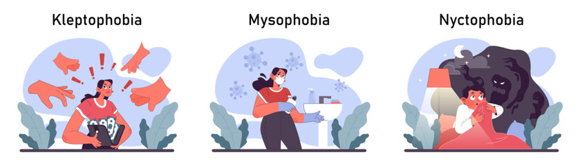 Phobia set. Human's irrational inner fears and panic. Mental disorder, feeling of threat and danger. Psychology and mental therapy. Flat vector illustration