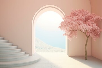 Empty space with arch door, stairs, hill, flowers, trees. Ideal for product presentation or gallery. Nature pedestal. 3D background. Studio illustration. Generative AI