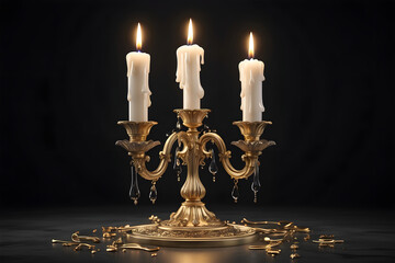 Vintage brass candelabra of three burning candles with dripping wax on a black background. photo created using Leonardo AI platform - Powered by Adobe