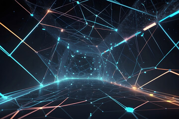 Digital lines and dots connect in abstract space. Wireless network and connection technology concept on bright blue background. photo created using leonardo AI platform