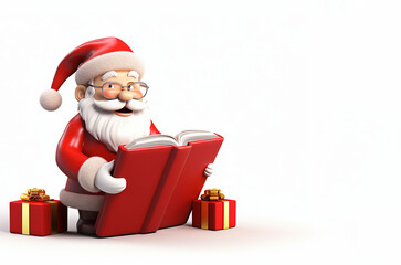 Santa Claus reads the book of wishes  with christmas gifts on white background. 