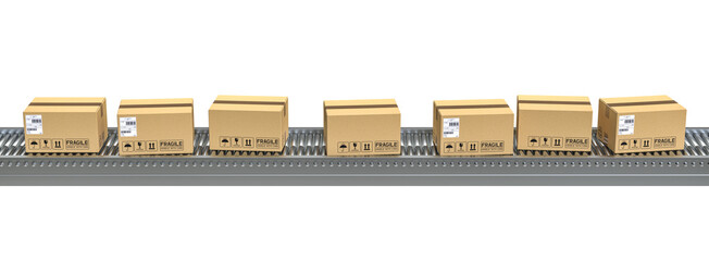 horizontal conveyor belts side view with parcels isolated on white. - obrazy, fototapety, plakaty