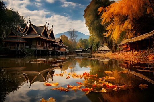 A realistic photography of a small temple located beside a river during the autumn season and reflection on the water surface.
