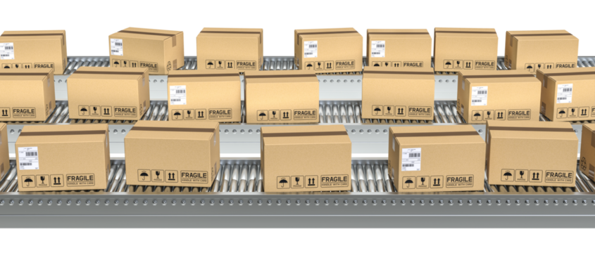 3 conveyor belts with parcels.