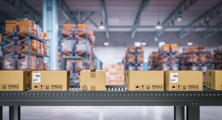 conveyor belts with parcels in modern warehouse.