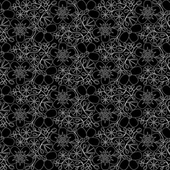 Seamless pattern, ornament with graphic white poppies on a black background. Digital illustration. Suitable for interior, wallpaper, fabrics, clothing, stationery.