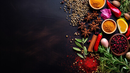 composition of different spices and herbs on black background. top view