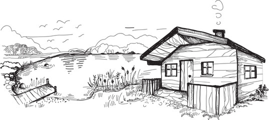 House by the lake in Masuria, Poland. Wooden house . Hand drawing, vector sketch