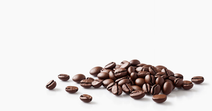 Coffee beans isolated on white background. Close-up, panoramic view