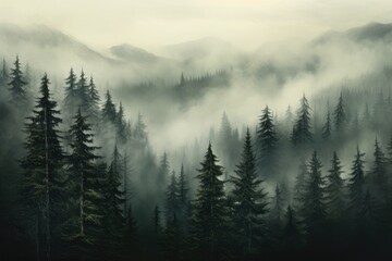 Forest background with fog around trees, dark green panorama. Walpaper background.