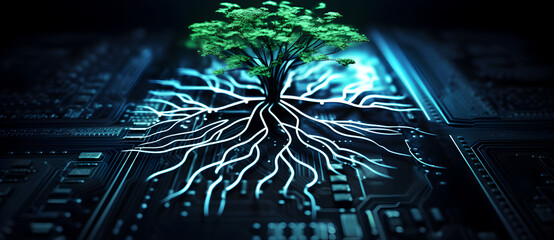 Green tree grows on blue circuit board, roots spread, technology meets nature, digital and organic combined