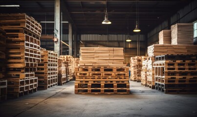 A Warehouse Filled With an Abundance of Stacked Timber Platforms