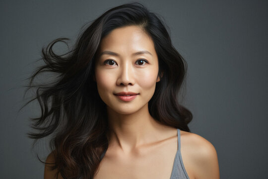 Portrait of beautiful young asian woman with long healthy hair.