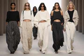 Models walk the runway in light black and beige clothing with a normcore style. The clothes feature...