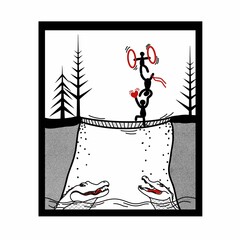 Group of acrobats balancing on bridge above alligators, digital illustration in black frame on white background. For postcards, greeting cards, posters, banners, stickers, magnets, prints for clothes