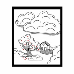 Rural landscape with house, tree with hearts, and cloud, digital illustration in black frame on white background. For postcards, greeting cards, posters, banners, stickers, magnets, prints for clothes