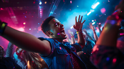 a lively dance floor, with energetic dancers as the background context, during a nightclub's New Year's Eve bash 