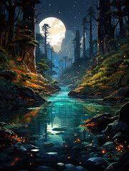Moonlit Serenity: A Fantasy Forest by the Lake,autumn forest in the evening,forest in the night