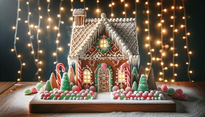 Crafted gingerbread house with intricate icing, candy cane pillars, and gumdrop landscaping on a board with powdered sugar and twinkling fairy lights.
