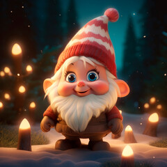 Cute Christmas gnome on the background of a New Year's forest 