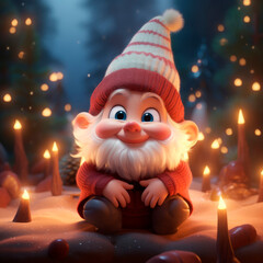 Cute Christmas gnome on the background of a New Year's forest 