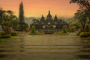 A Buddhist temple in the evening in the rain. The Brahmavihara-Arama temple has beautiful gardens...