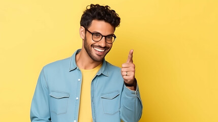Portrait of smiling businessman pointing thumb at copy space for marketing over yellow background - obrazy, fototapety, plakaty