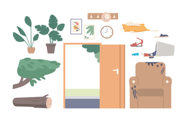 Set of icons Armchair with Dirty Pet Paw Prints, Broken Pillow, Scatter Mess, open Doorway, Potted Houseplants and Tree