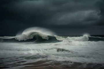 Huge destructive waves crash beneath ominous stormy sky. Generative AI