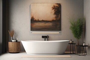 Canvas on wall with bathtub background. Generative AI