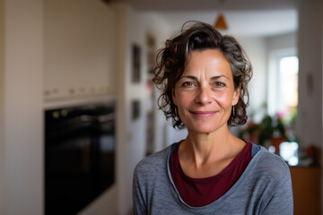 Obraz premium ménagère de 40-50 ans en tenue décontractée à l'intérieur de sa maison
