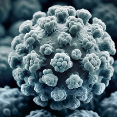 Virus seen under a electron microscope. illustration of MonkeyPox Virus with color scanning electron micrograph. Generative Ai 