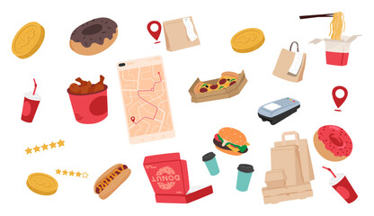 Food Delivery Items Set. Money, Pos Terminal, Fastfood and Drinks, Insulated Bags, Containers, Utensils, And Packets