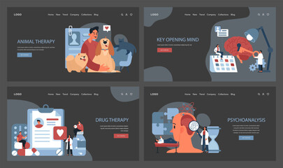 Psychotherapy web banner or landing page dark or night mode set. Psychiatrist consulting patient on mental health disorders. Thoughts and emotions analysis. Flat vector illustration