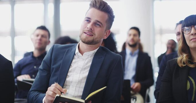 Seminar crowd, notebook and business man listening, attention and writing notes, knowledge or corporate training info. Journal planner, audience group and investment client list, bullet point or plan