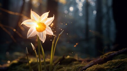 A luminescent Dreamshade Daffodil nestled in a moonlit forest, its petals aglow with an ethereal...