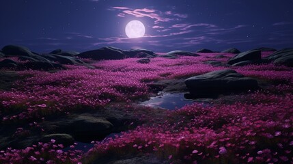 A breathtaking aerial view of a vast field covered in Moonlit Moss Phlox, glowing in the moon's...