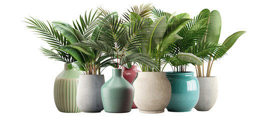 Collection of coconut palm trees (Cocos nucifera) and banana tropical plants in modern colorful vases, home or garden décor. Isolated on a transparent background. PNG cutout or clipping path.