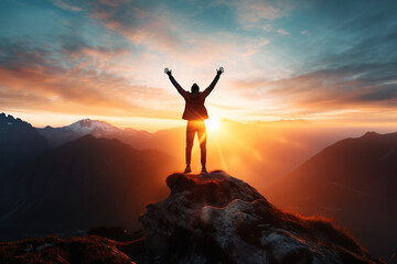 human jumping on top of a mountain at sunrise with arms raised and a sunrise in the background - obrazy, fototapety, plakaty